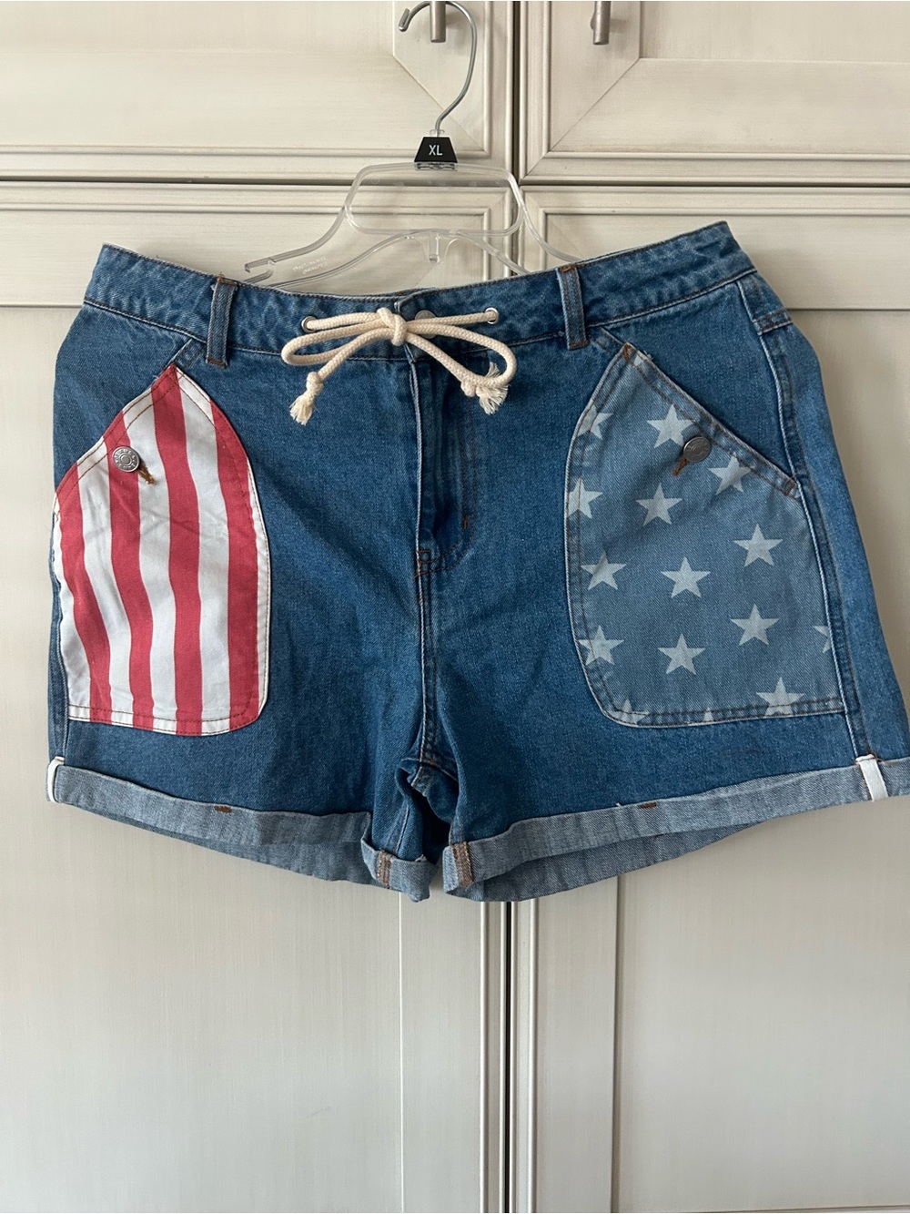 BiBi Denim Shorts with Red & Blue Flag Pocket Panels